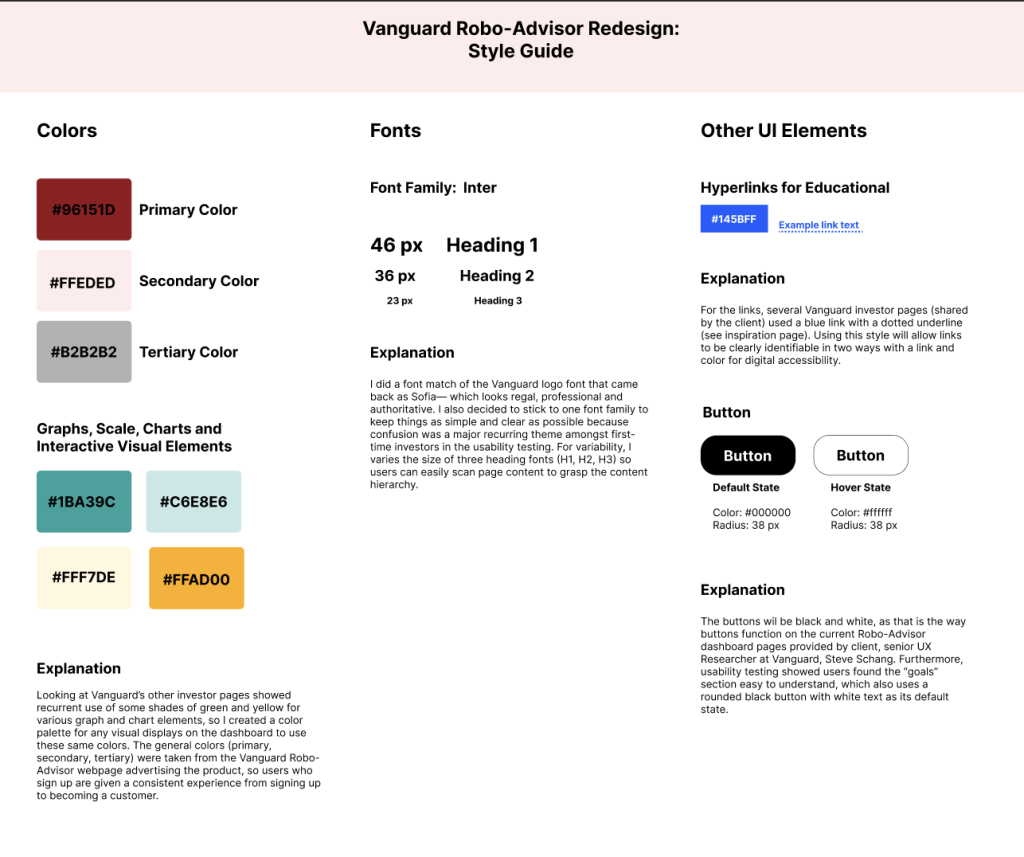 Vanguard Redesign Style Guide with colors, font families and sizes, hyperlinks and buttons 